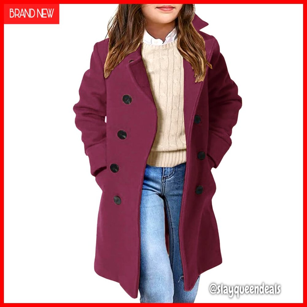 Girls Wool Blend Double Breasted Trench Coat with Pockets